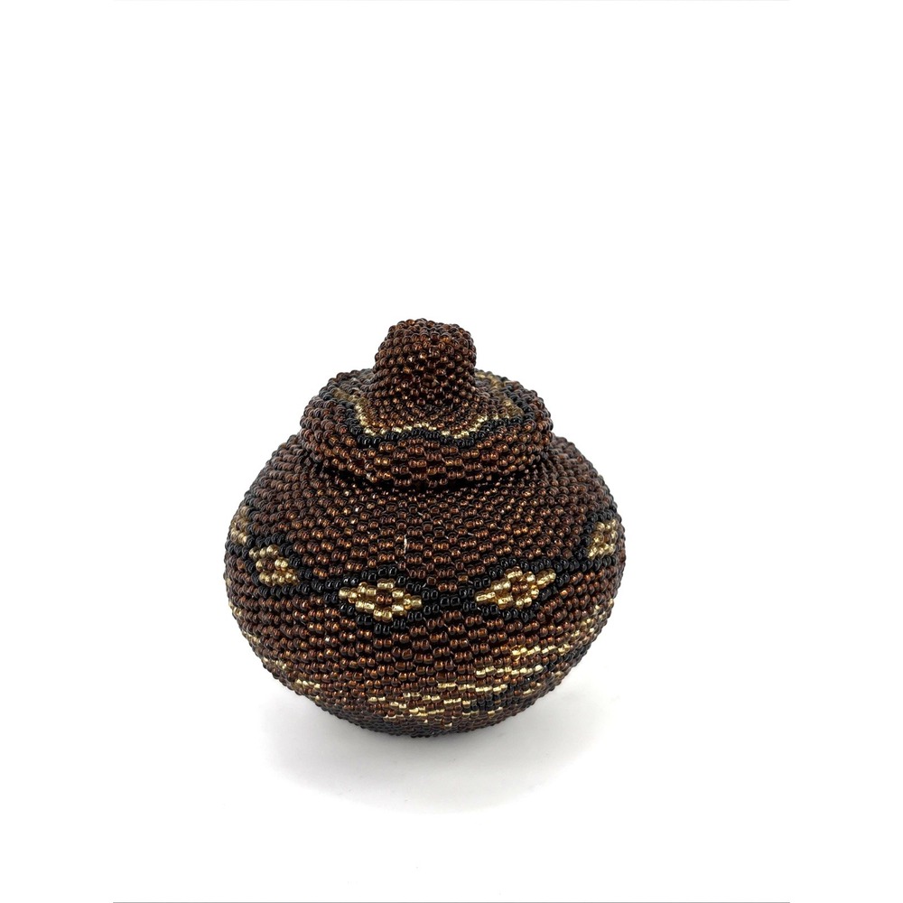 Vintage Glass Beaded Lidded Basket Bali, Indonesia Artisan Balinese 3" Handmade